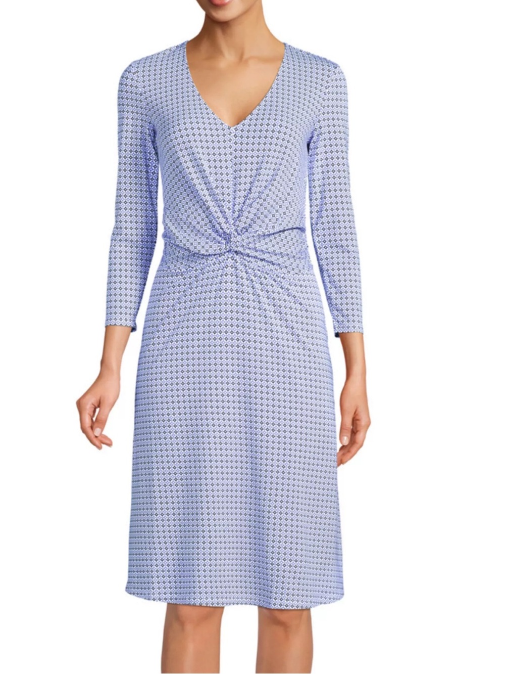 NEW land’ end V- Neck fit & flare midi dress M 10/12 3/4 Sleeve cotton